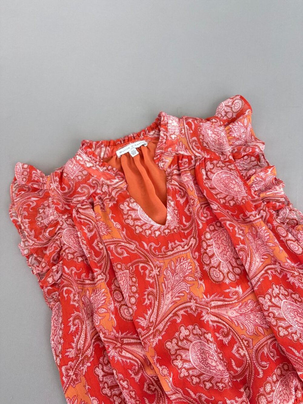 Maison d'Amelie Paris Paisley Ruffle Sleeve Blouse Womens Medium Coral Smocked
